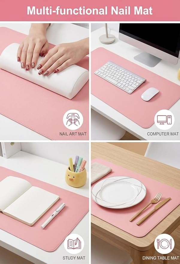 Double Sided Nail Art Table Mat, Soft Microfiber Leather Nail Hand Rest Mat, Waterproof Nail Arm Rest, Nail Mat for Manicure Table Nail Technician, for Desk, Dining Table, Pink & Blue (MAT ONLY)