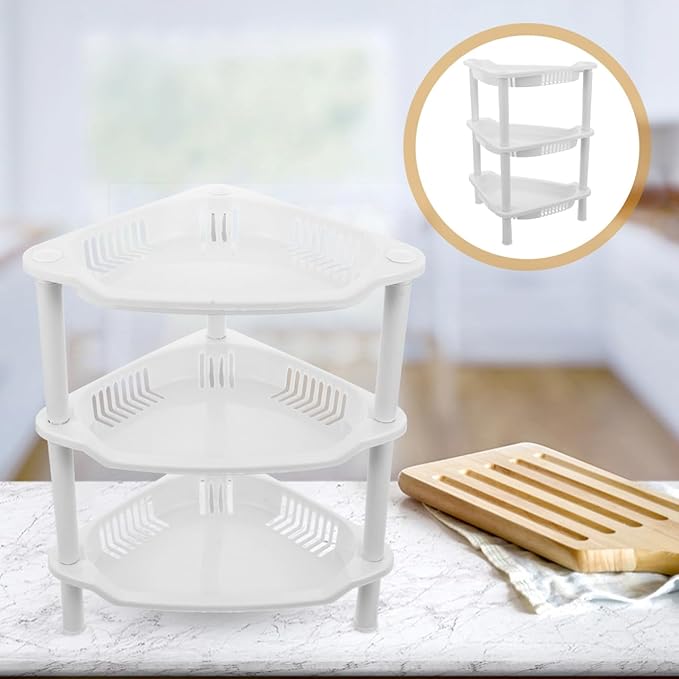 PRETYZOOM 3 Layer Plastic Shower Caddy, Space-Saving Organizer Rack for Toiletries, Kitchen Counter Corner Shelf for Condiment Bottles, No-Tool Assembly, 13.5 X11 X8.3 Inches