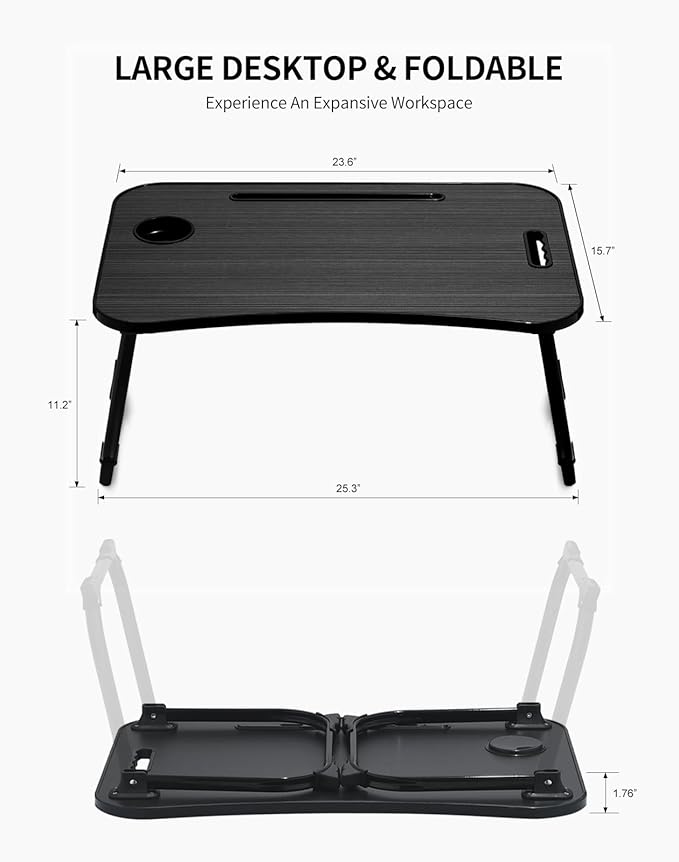 ZEAPTAC Laptop Bed Desk, Foldable Lap Desk, Portable Lap Table, Laptop Stand with Cup Holder & Tablet Slot & Lifting Handle for Working Writing Drawing & Eating - Black