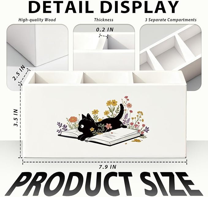 Black Cat Pen Holder, Book Lovers Reader Gifts Pencil Holder for Desk, Black Cat Lovers Gifts for Women, Floral Book Wooden Box Sign Decorations for Reading Room Corner Nook Desk Tabletop