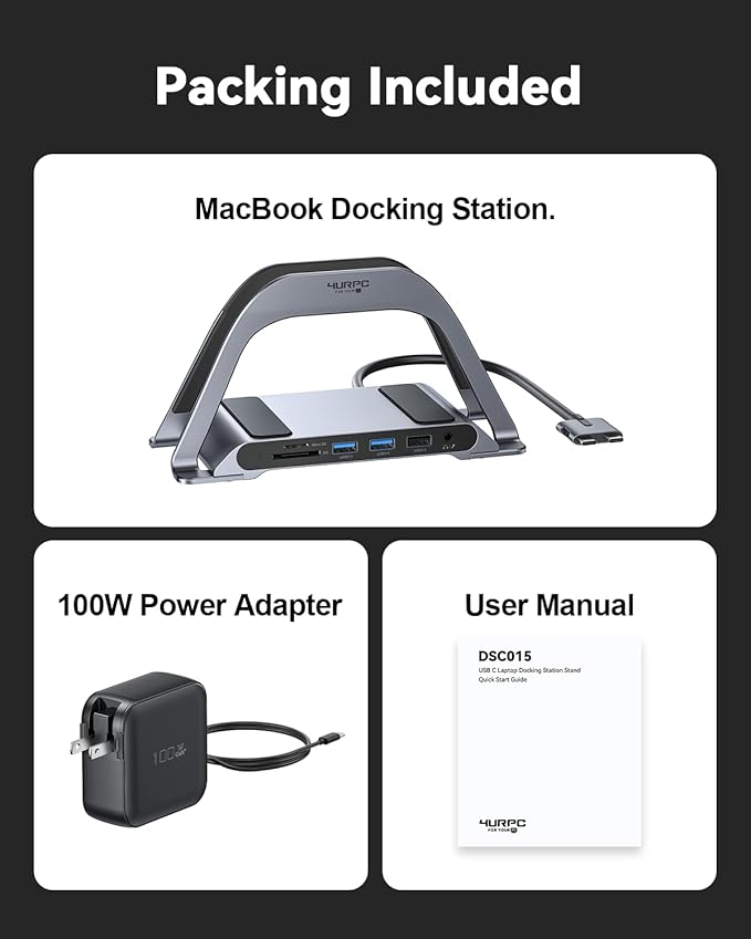 4URPC MacBook Pro Docking Station Dual Monitor 4K@60Hz with 100W Power Adapter, USB C Docking Station Vertical Stand for MacBook Pro/Air with 2 HDMI, USB 3.0, SDµSD, Ethernet, Audio