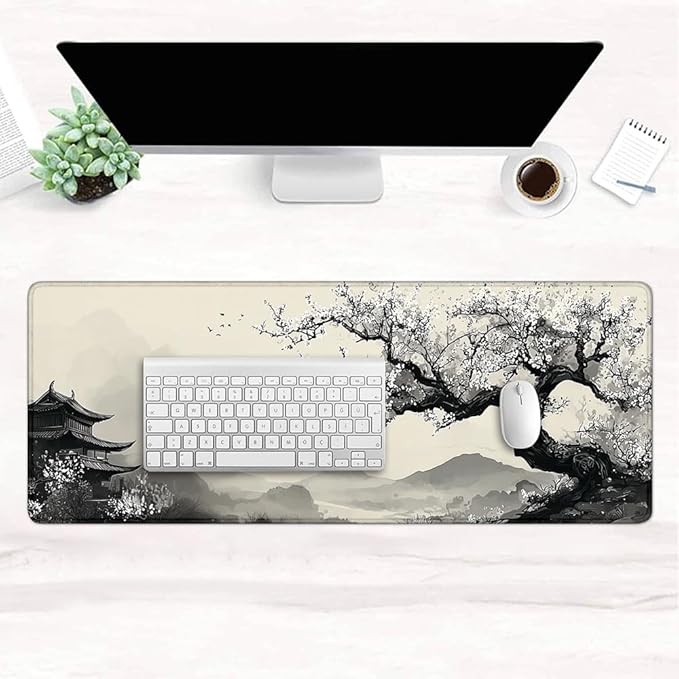 Desk Mat,Desk Pad, XXL Large Mouse Pad,Anti-Slip Big Mousepad with Stitched Edges,Extended Computer Mouse Pads for Desktop Black Japanese Tree