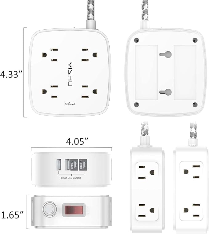 Surge Protector Power Strip - YISHU 8 Outlets with 4 USB (2 USB C) Charging Ports, 10Ft Braided Extension Cord, Flat Plug Multi Plug Outlet Extender Charging Station for Home Office, ETL, White