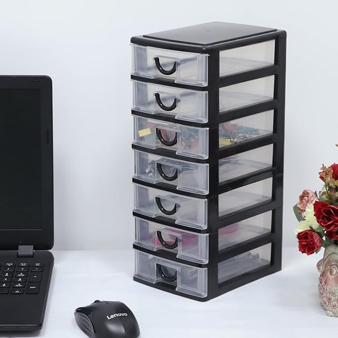 Rempry Mini Plastic Drawers Organizer, 7.1"cx5.1"x13.2" Small Storage Drawers Containers with 7 Clear Drawer Units, Black