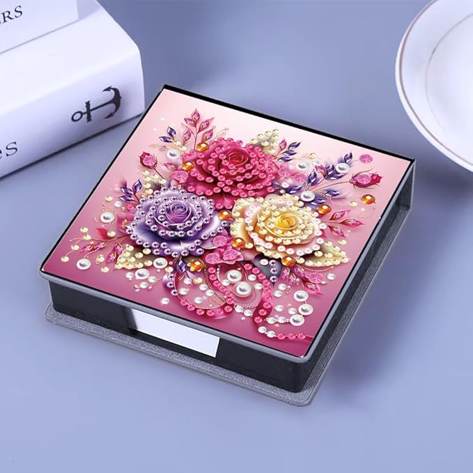 FRANDEK Beautiful Rose Diamond Art Note Box DIY Set, Sticky Notes Holder with 160 Refills, Love Theme Desk Organizer Gift for Valentine'Day Anniversary Romantic Office & Home Decor