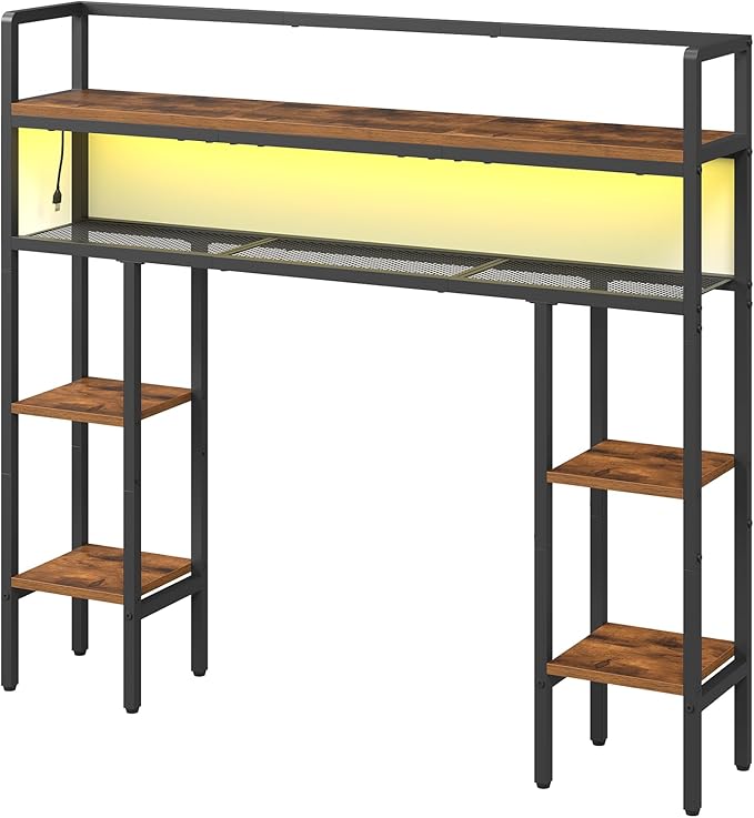 MAHANCRIS Desk Shelf, 43.3" Desk Hutch with Light Strip, Office Desktop Organizer, 5 Tier Desktop Bookshelf for Computer Monitor, Storage Rack for Study, Home Office, Rustic Brown DSHR9801