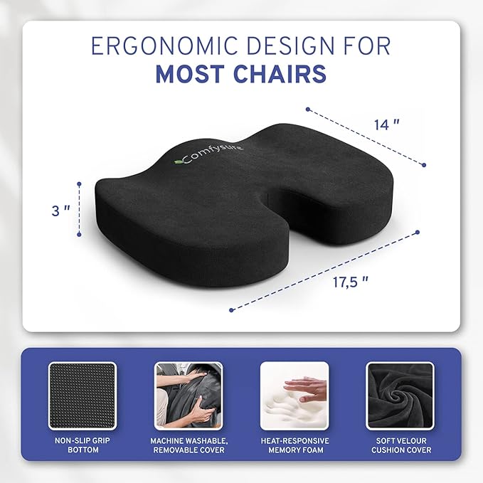 Memory Foam Seat Cushion - Tailbone Pain Relief Cushion, Non-Slip Sciatica Pain Relief Pillow - for Office Chair, Car, Wheelchair, Computer, Desk Chair - Coccyx, Lower Back Support (Black)