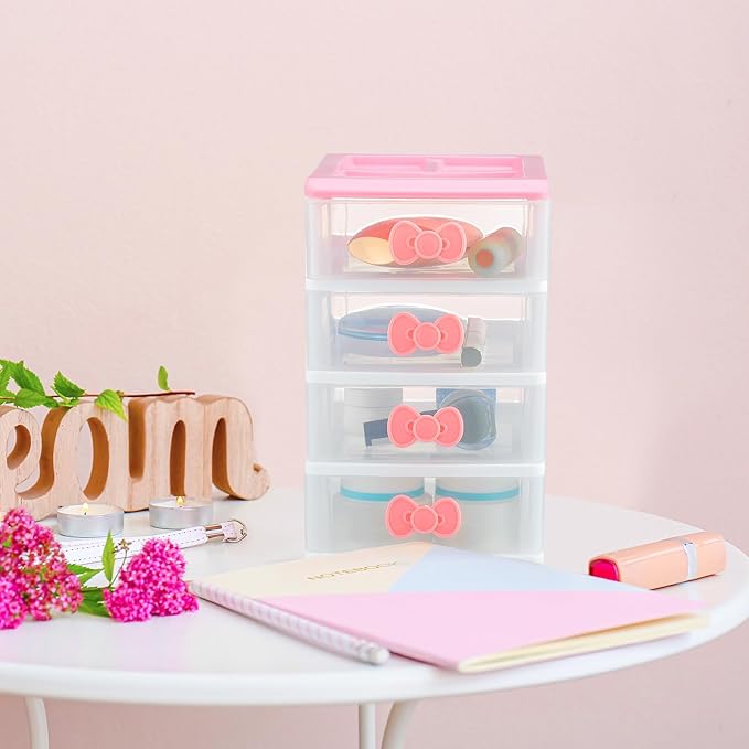Tatuo Lovely Receiving Storage Cabinets Kawaii Makeup Organizer with 4 Layers Cute Storage Cabinet Box with Bow Handle Plastic Desktop Storage Box for Home Bedroom Bathroom Women Gifts(Clear)