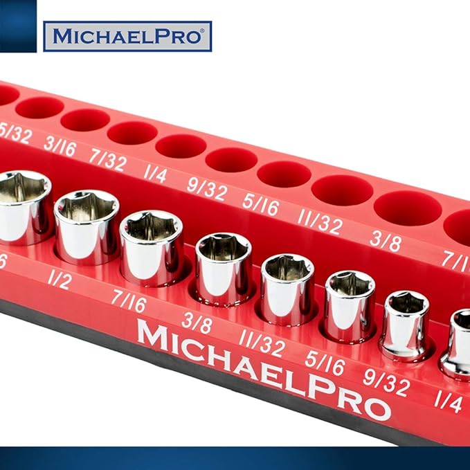 MichaelPro MP014003 3-Pc Magnetic Socket Organizer- 1/4-inch, 3/8-Inch & 1/2-Inch Drive Magnetic Socket Holder Kit in SAE, Professional Grade Socket Organizers for Toolboxes/Cabinets (SAE), Red