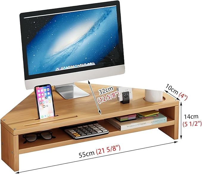 YANBI Corner Monitor Stand Office Triangle Tabletop Monitor Riser, Double-Layer Wood Corner Monitor Stand Screen Holder, Universal Computer Stand Riser with Storage (Color : Natural), 66666