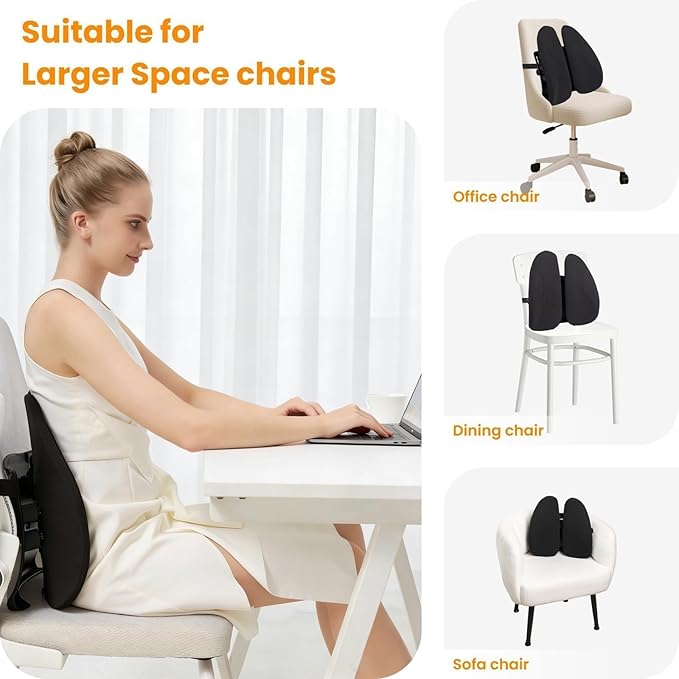 Ergonomic Back Support for Office Chair - Lumbar Pillow for Posture Correction and Lower Back Rest, Adjustable Height, Back Cushion Pad with Straps for Home, Office, Car, Black
