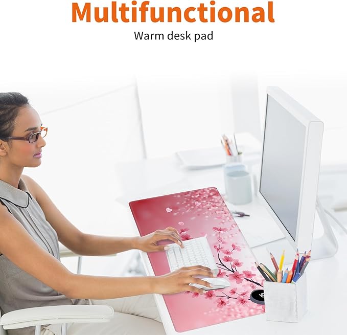 Heated Mouse Pad,Warm Desk Pad with 3 Levels Heating & 3 Hours Auto Shut-Off, PU Leather Heated Desk Pad Warmer Pad for Home Office - 23.6 x 14.2 inch,Cherry Blossoms