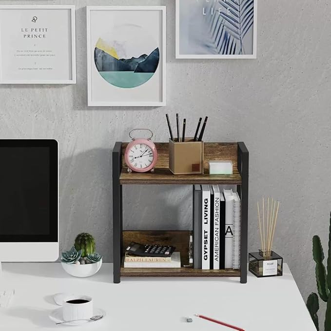 Office Desk Shelf Organizer, Wood Desktop Bookshelf Supplies Storage Rack, Shelf for Top of Desk and Dresser and Cubicle Decor Aesthetic Bookshelf (Black, Small 12.9" Lx6.3 Wx10.2 H)