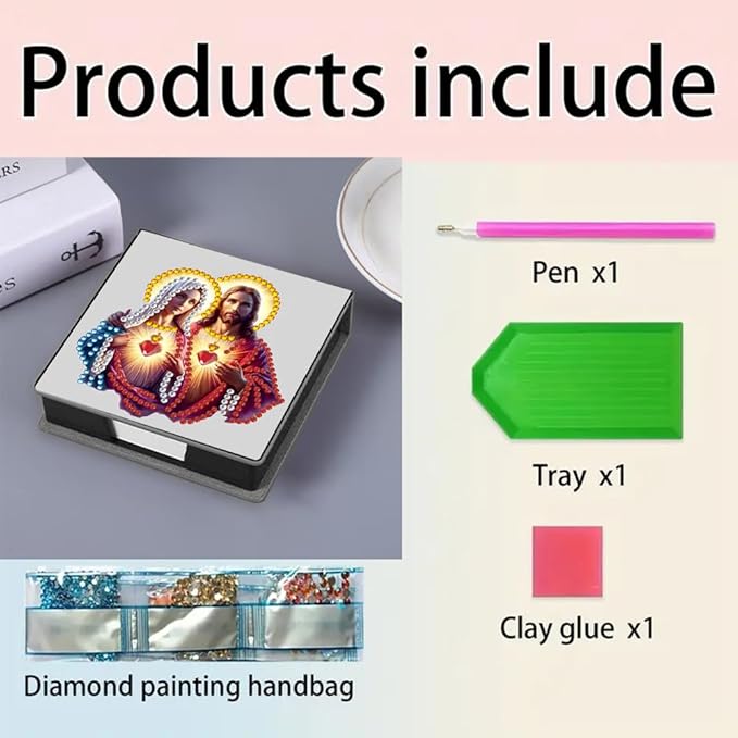 FRANDEK Jesus and Our Lady Creative Diamond Art Desk Organizer, DIY PU Note Box with 160 Sheets, All-in-One Gift Set for Craft Lovers, Elegant Mosaic Kits for Home & Office