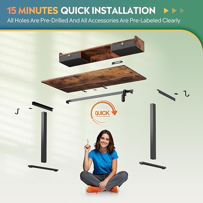 DEVAISE 48 Inch Electric Standing Desk with Shelf, 3 Adjustable Computer Desk for Home Office, with LED Touchscreen,Headphone Hook, 3 Memory Preset, with One-Piece Desktop, Rustic Brown