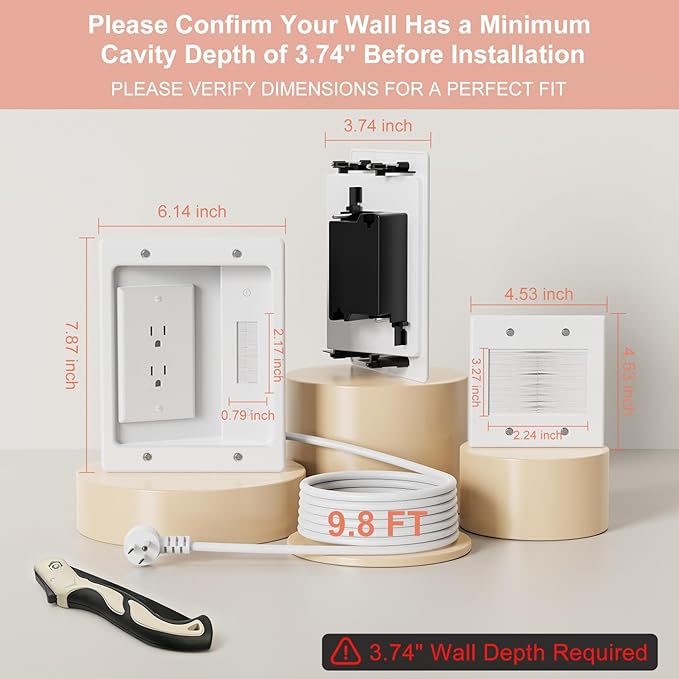 in-Wall TV Cable Concealer Kit with Recessed Power – 2 AC Outlet, 9ft Cord, and Hand Saw – Easy, Safe Cable Management for Organized TV and Home Theater Setups,Easy Installation Kit,Multiple Scenarios