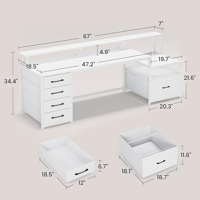 SEDETA White Computer Desk with 5 Drawer & Power Outlet, 66'' Home Office Desk with File Drawer, Storage Shelves, Printer Cabinet and Monitor Shelf, Gaming Desk with Led Lights