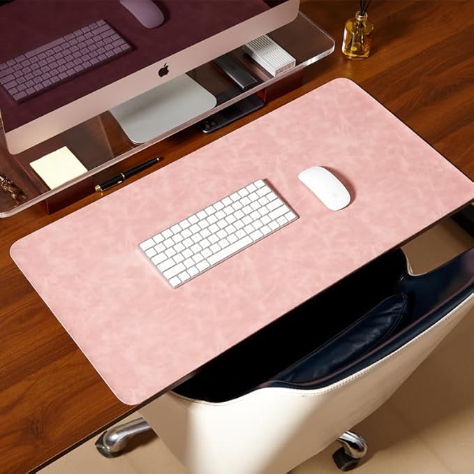 Distressed Leather Desk Mat - Non-Slip PU Leather Desk Pad Protector - Large Waterproof Mouse Pad Computer Keyboard Desk Mat Desk Accessories for Office & Home (Pink, 36"x 17")