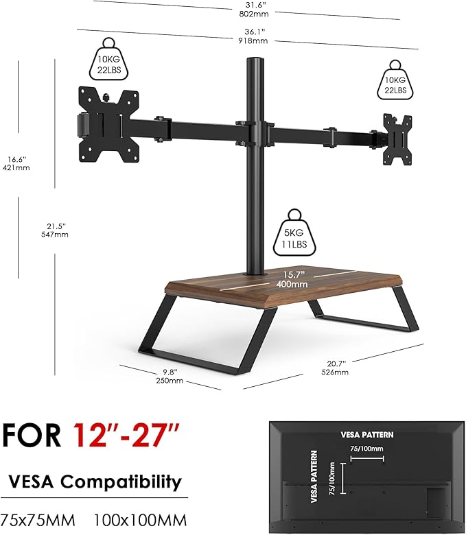 AOKCOS Dual Monitor Stand Riser for 12-27 Inch Computer Screens, Freestanding Double Monitor Stand for Desk, Adjustable Dual Monitor Mount Each Arm Hold up to 22lbs, VESA 75x75/100x100mm