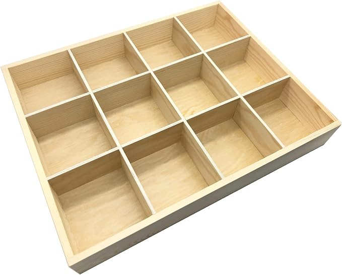 1 Pcs 13.4''x10.6''x2'' Wooden Storage Divider Box Showcase Display Box Organization Tray Display Holder Tabletop Drawer with 12 Compartments for Home Craft Office Kitchen Storage