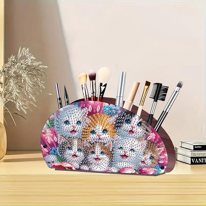 POETRYDRAW DIY Cats Diamond Art Painting Wooden Storage Box – Multi-Grid Moon Fan Makeup Brush Organizer, Double-Sided Drill Tabletop Holder for Women, Office & Home Decoration