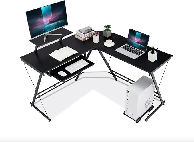 Office Gaming Corner Desk with Keyboard Tray and CPU Stand,Glass L Shaped Computer Home Desk,3-Piece PC Laptop Study Writing Workstation Table by XXFBag - Black