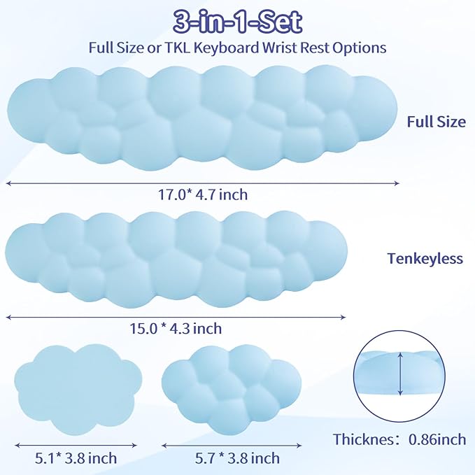 Sushret Cloud Wrist Rest Keyboard, Cloud Keyboard Wrist Pad Set with PU Leather Memory Foam, Cute Arm Rest for Palm Support, PC/Gaming Desk Accessories/Office Setup/Computer Hand Cushion - Blue
