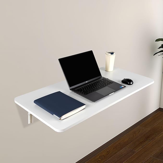 Neoaider Wall Mounted Folding Table 39.4”L x 19.7”W, Laundry Folding Table with Heavy Duty Metal Collapsible Shelf Brackets, Wall Mounted Desk Fold Down for Small Spaces, White