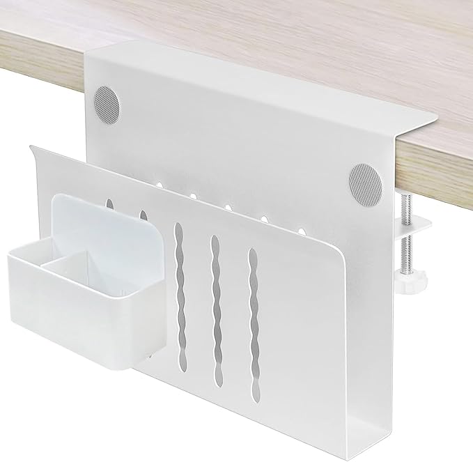 Desk Side Storage Organizer, Under Desk Laptop Holder with Magnetic Pen Holder, No Drill Hanging Desk Caddy for Office & Home, Clamp On Desk Shelf for Tablet, Files, Accessories (White)