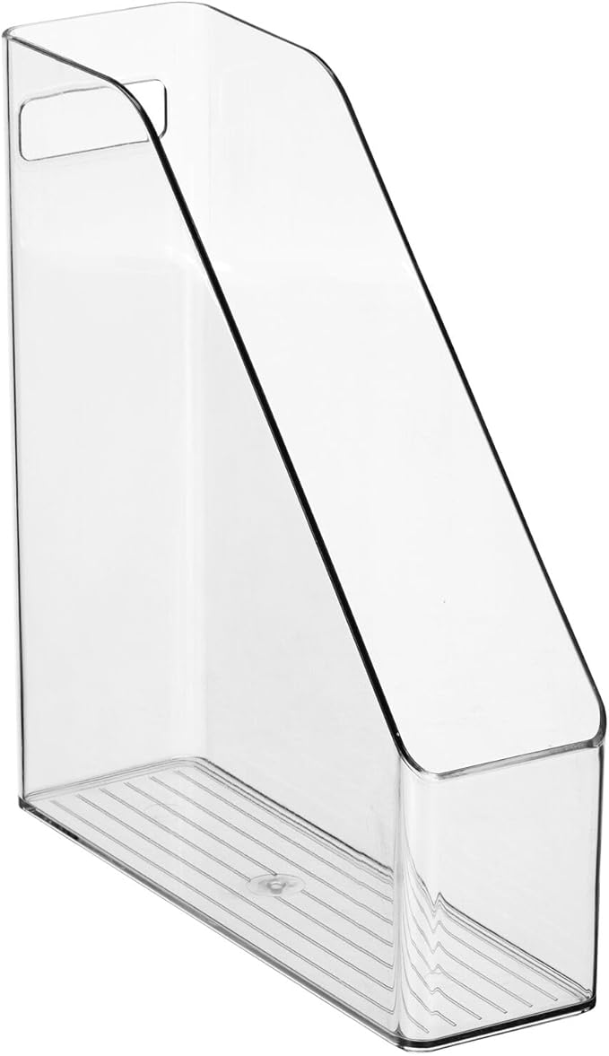 mDesign Plastic Slim Vertical File Folder Storage Organizer Bin with Handle - Hold Notebooks, Binders, Envelopes, Magazines for Home Office, Work Desktops, Ligne Collection, Clear