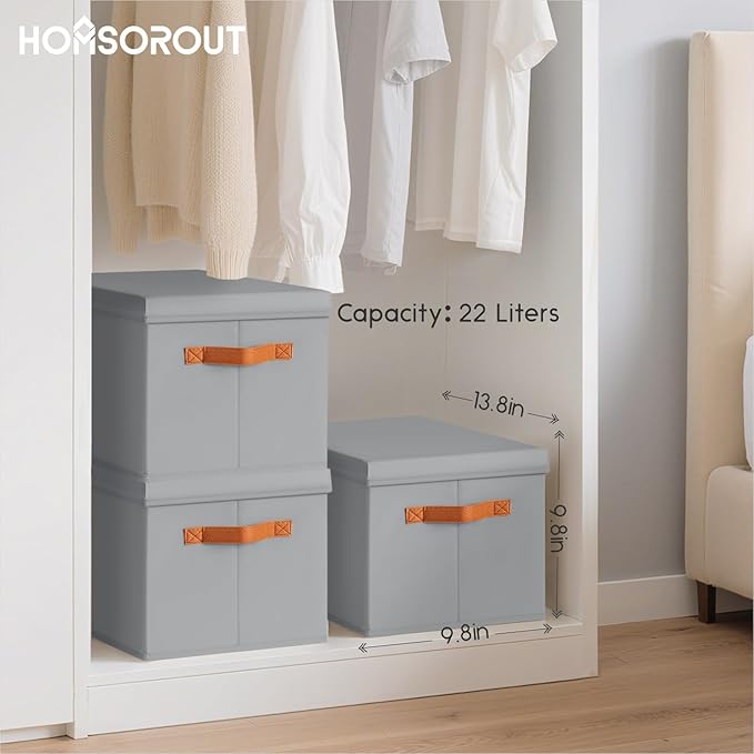 Homsorout Storage Bins with Lids - Fabric Storage Baskets for Shelves, 6 Pack Foldable Decorative Boxes with Handles, Stackable Organizer Bins for Home, Nursery, Dorm, Grey