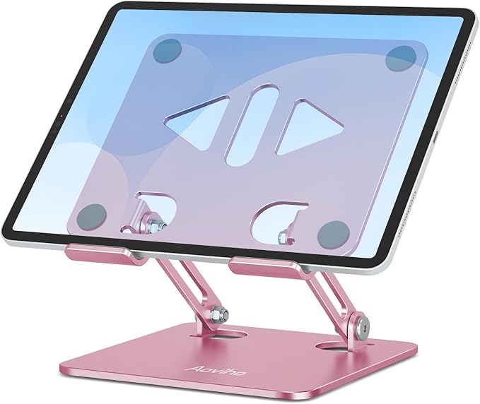 Aoviho Tablet Stand Holder for Desk, Adjustable Aluminum Desk Accessories, Stable Desktop Stand for Office Home,Compatible with iPad Pro Air Mini, Samsung Tablets, Rose Gold