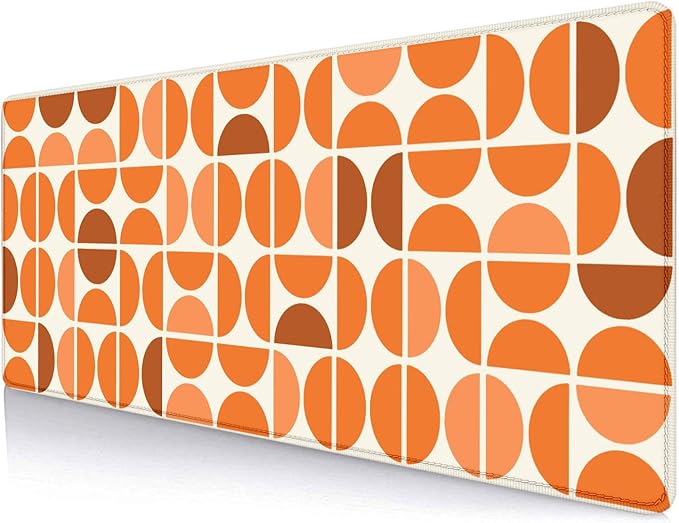 Orange Mid Century Desk Mat, Modern Boho Abstract Geometric Large Gaming Mouse Pad, Retro Art Colorful Pattern Mousepad, Cute Desktop Decor, Laptop Computer Pad, 31.5x11.8 Inch