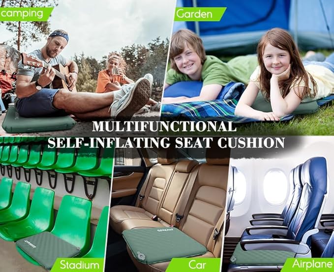Inflatable Seat Cushion, Self-Inflating Memory Foam Stadium Seats Cushion Portable Camping Air-Foam Sitting Pad for Travel Airplane Car Bleachers Backpacking Office, Lightweight & Compact