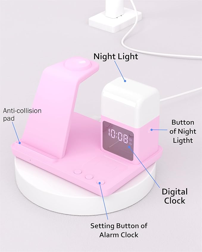 Wireless Charger for iPhone, 6in1 Fast Phone Charger Stand Dock Alarm Clock Night Light, Wireless Charging Station for Apple Watch, for Airpods 3/2/Pro, for iPhone 17/1615/14/13/12/11/Pro/Max (Pink)