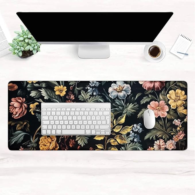 Gaming Mouse Pad Large Desk Mat Extended Keyboard Mouse Pad Mousepad with Non-Slip Base and Stitched Edge Mouse Mat Desk Pad Mouse Pads for Desk Home Office Gaming Retro Flowers