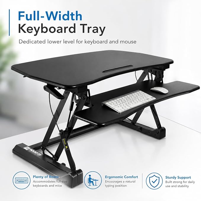 Mount-It! 35.5" Standing Desk Converter with Keyboard Tray – Adjustable Sit Stand Desk Riser for Dual Monitors – Dual Gas Spring Height Adjustable Desktop Workstation Topper – Black