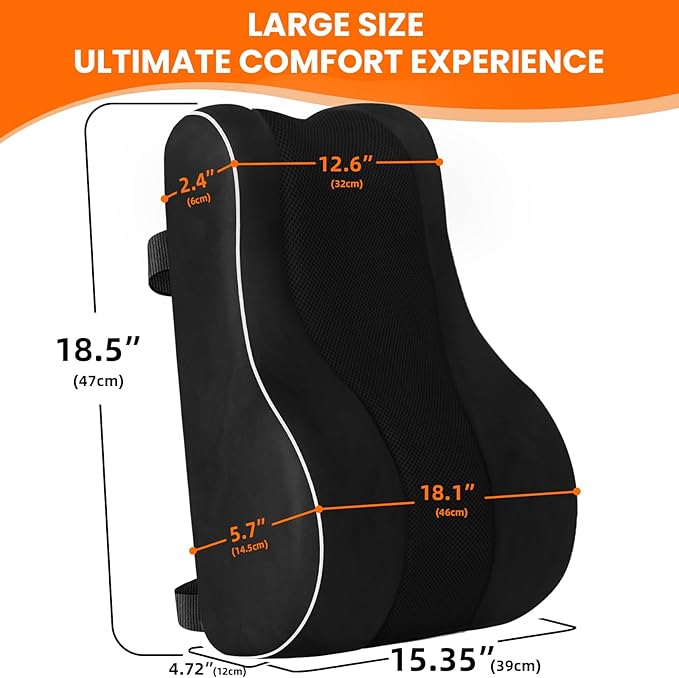 CloudBliss Ergonomic Lumbar Support Pillow – Memory Foam for Lower Back Pain Relief, Adjustable Straps & Mesh Cover for Office, Gaming, Car Seat & Home Essentials (XL, Black)