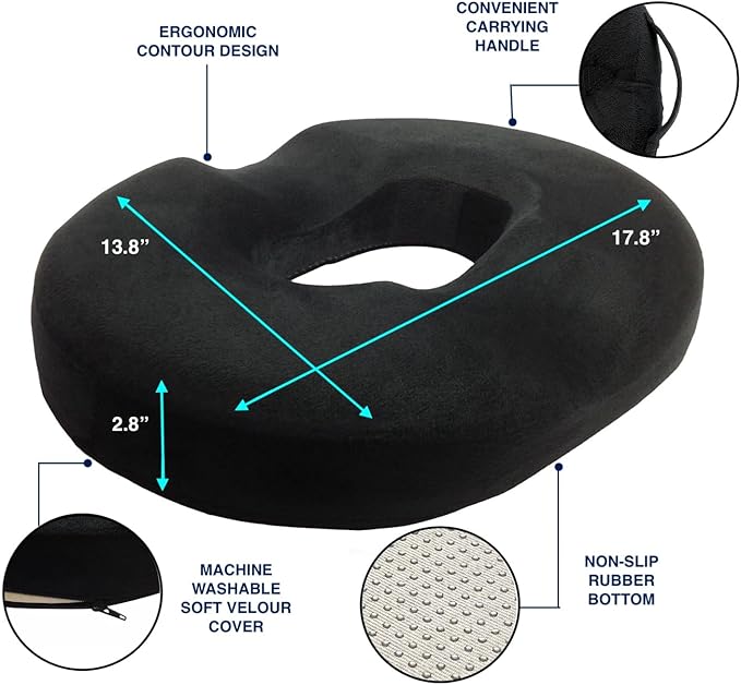 Kieba Hemorrhoid Treatment Donut Tailbone Cushion, Prostate Pillow, Pregnancy, Post Natal, Bed Sores, Coccyx, Sciatica, 18 Inches. Ultra Premium Comfort Foam (Black)