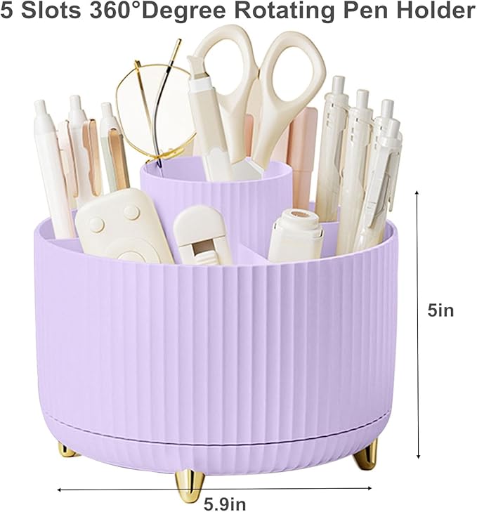 Pencil Pen Holder 5 Slots 360°Degree Rotating Pen Organizers for Desk Desktop Storage Stationery Supplies Cute Pencil Cup Pot Kids Desk Organizer for Office Home School(Purple 2)