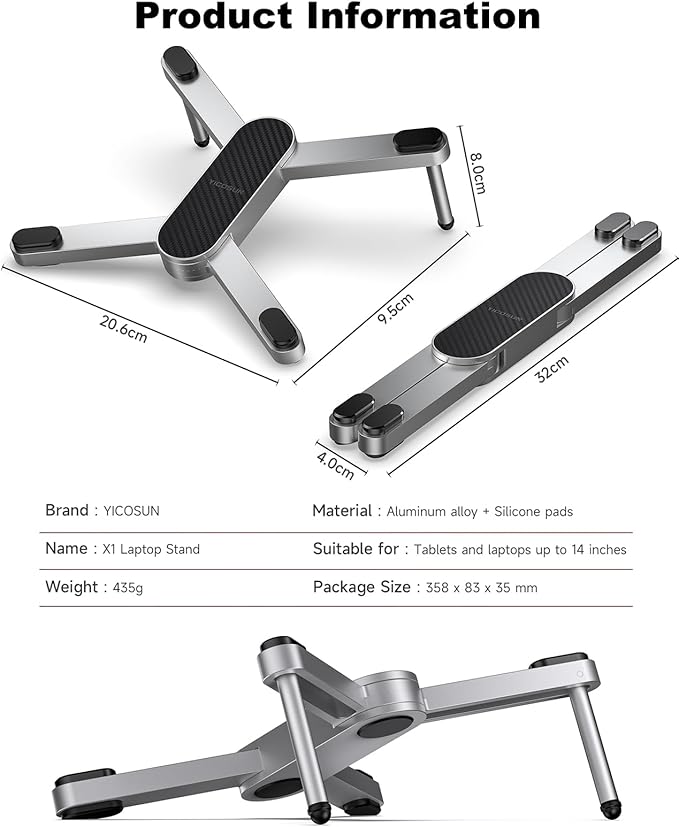YICOSUN New Concept Laptop Stand - Adjustable Ergonomic Aluminum Riser for MacBook Pro/Air up to 15.6” - Foldable & Portable Computer Stand for Desk, Students, Office, Travel, Gaming - Silver