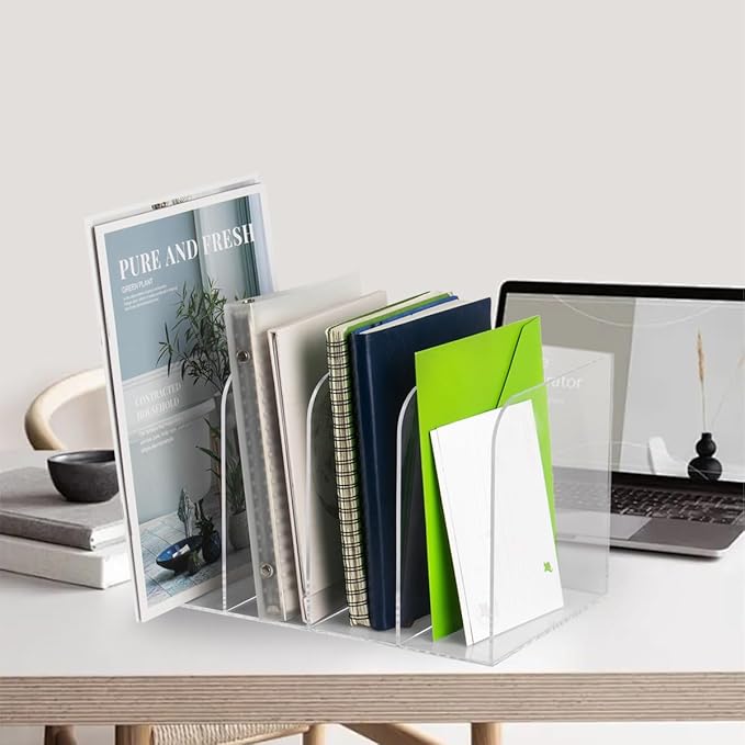 Jumyee 4 Vertical Compartments Acrylic Magazine File Holder, Clear Desk File Organizer Sorter, Mail Organizer Office Organization Storage Binder Holder for Desk, Magazine, Books