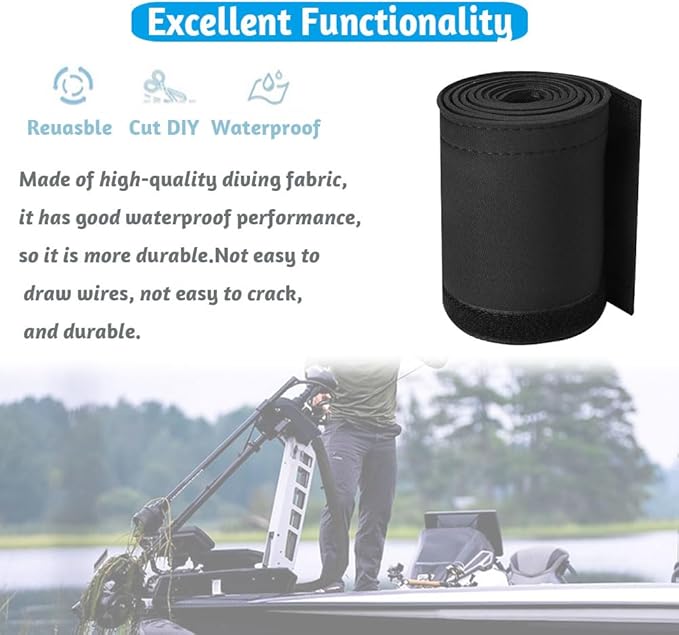 YUKIIATIF Trolling Motor Cable Organizer Sleeve,60" Neoprene Cable Sleeve for Trolling Motor Wire Cover Black