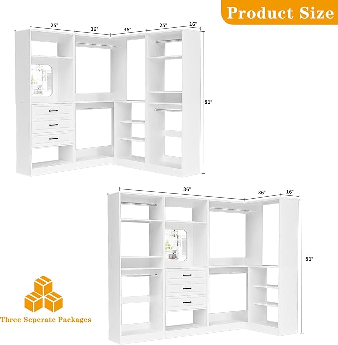 Unikito Closet System with Drawers,86” Modular Corner Closet Organizer System with Mirror,Freestanding Wood Wardrobe Organizer with Hanging Rods & Adjustable Shelves, Walk in Closet Tower, White