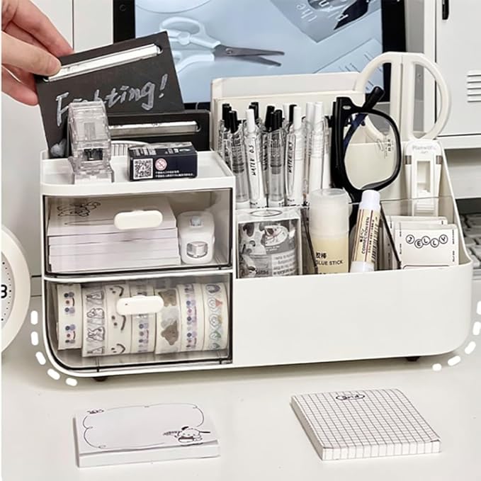 Drawer Organizers Accessories with 7 Compartments and 2 Drawers, Large Capacity Cosmetic Display Case, Pen Holder, Art Supply Storage Box Caddy for Office School and Home