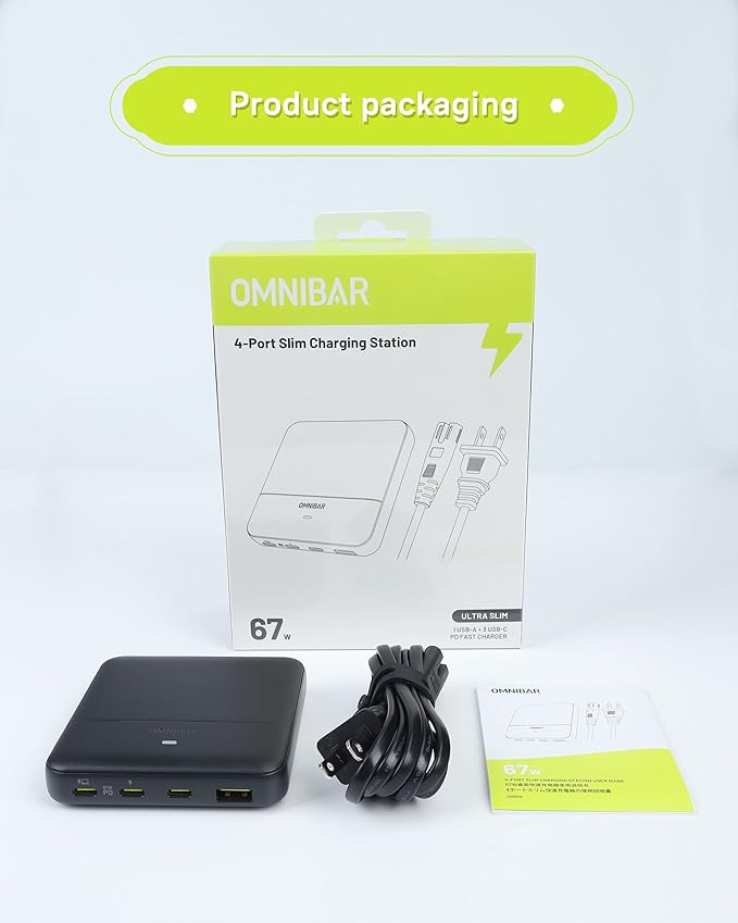USB C Charging Station 67W, 4-Port Slim USB C Charger Block for iPhone 17/16/15, MacBook Air/Pro with 5ft Extension Cord, 3 USBC, 1 USB-A, Fast Charging Desktop Charger for Home Office Travel, Black