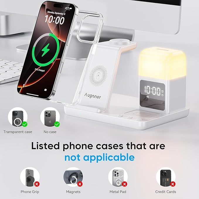 6 in 1 Wireless Charging Station with Clock & Night Light,Alarm Clocks for Bedrooms,Wireless Charger Stand with Beside Clock for iPhone 17/16/15/14/13/12 Pro Max, Apple Watch,Airpods (White)