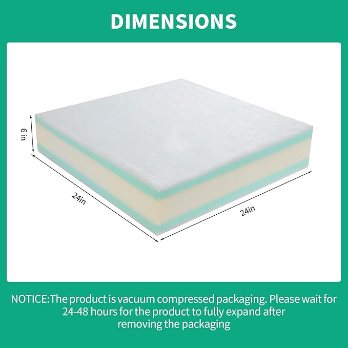 HOMBYS Memory Foam Couch Cushion Replacement, High Density Upholstery Foam Wrapped with Memory Foam & Polyester Batting, Sofa Cushions Inserts with Dacron Fiber Layer,with Removable Cover,6"x24"x24"