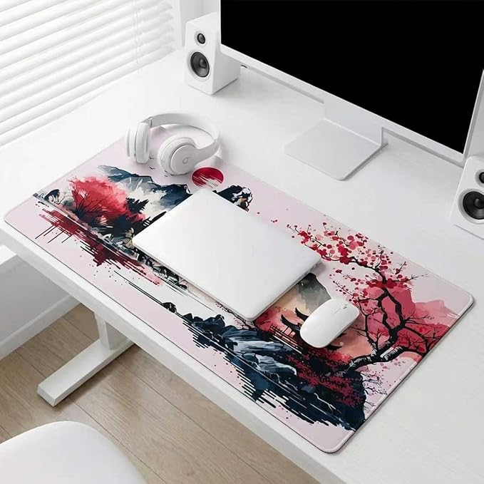 Japanese Cherry Blossom Gaming Mouse Pad 31.5x15.7in Full Desk Japanese Sakura Super Thick Mousepad Non-Slip Rubber Base Waterproof Keyboard Mat with Stitched Edges for Office 800X400X4mm