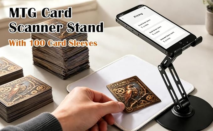 Foldable Trading Card Scanner Stand, Carbon Steel Phone Holder with Scanning Pad and 100 Standard Sleeves, for Sleeved/Unsleeved Collectible Cards, Compatible with iOS and Android